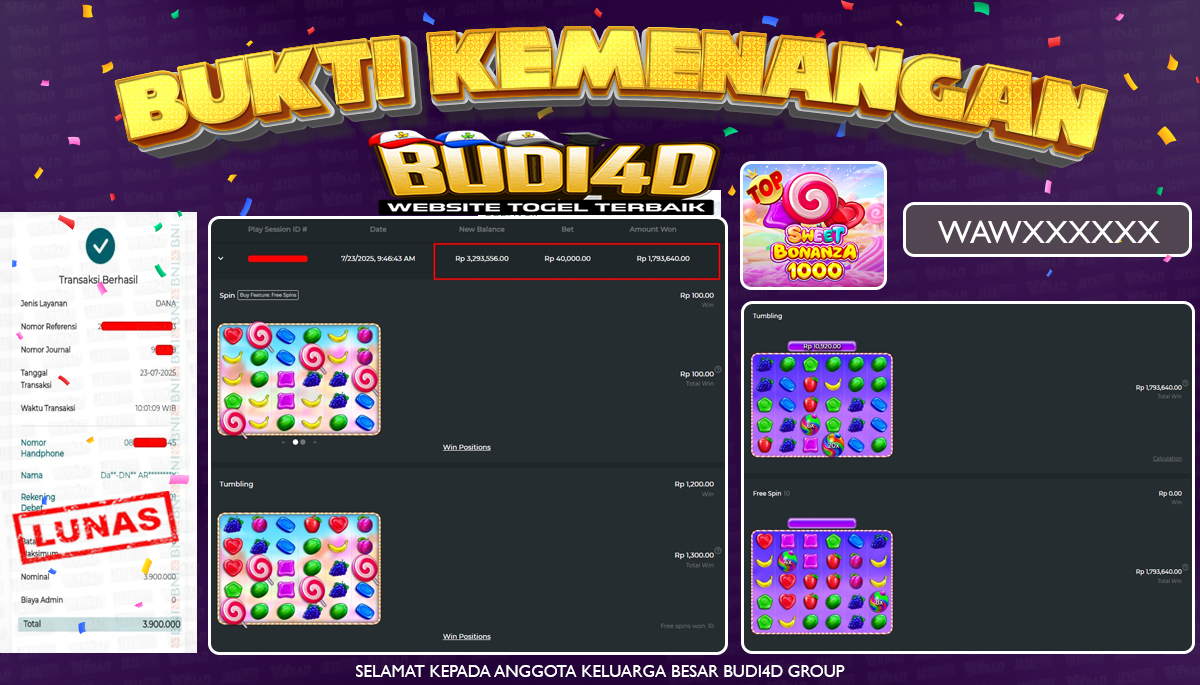 BUDI4D JACKPOT SLOT PRAGMATIC PLAY SWEET BONANZA 1000 1000 Rp.3.900.000,- LUNAS